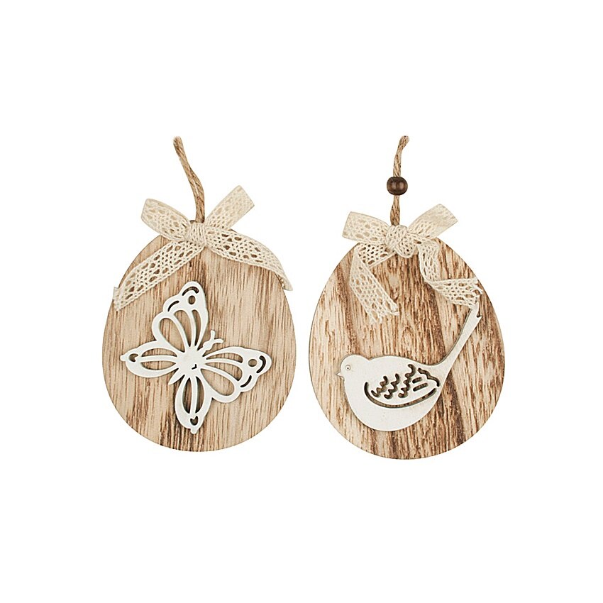 Set 2 oua din lemn, decorate cu dantela si figurine lemn gravate, 11 cm